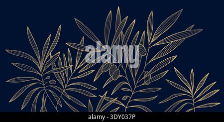 Botanische Olivenbaumillustration, handgezeichnete Zweige und Blätter in eleganter Linienkunst. Vintage-Vektor-Design, Gold auf Blau, Lebensmittelverpackung, Olivenöl Stock Vektor