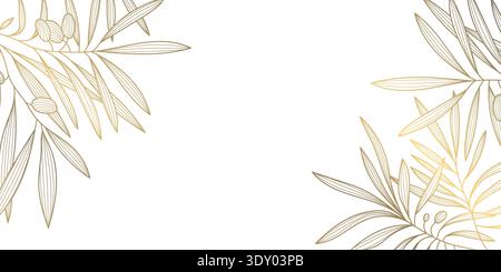 Vintage-Olivenbaum-Illustration, handgezeichnete Zweige und Strichkunst. Botanischer Vektor goldene Ecken Design, mediterranes Italienisch, griechischer Charakter, Olive Stock Vektor