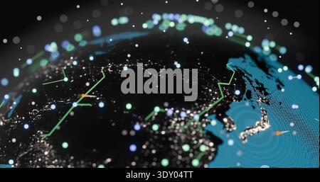 Anzeige des digitalen Globus, der sich in dunkler Leere dreht, Anzeige von Stadtlichtern, Neonlinien, Knoten, zyanblauem Netz Stockfoto