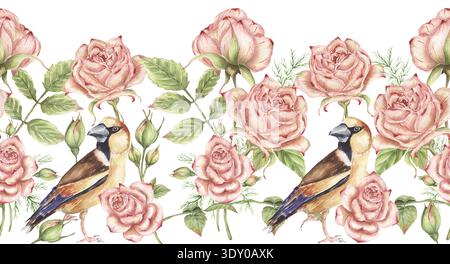Aquarellzarter nahtloser Rand mit rosa Rosen Illustration, Blumenanordnung, Hochzeitseinladungsrahmen, speichern Sie das Datum Stockfoto