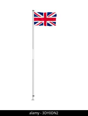 Die fliegende Flagge Großbritanniens Vektorillustration. Wehende Flagge des Vereinigten Königreichs auf Metallmast isoliert auf weißem Hintergrund Stock Vektor