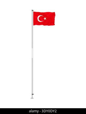 Republik Türkei fliegende Flagge Vektorillustration. Schwenkende türkische Flagge auf Metallpfahl isoliert auf weißem Hintergrund Stock Vektor