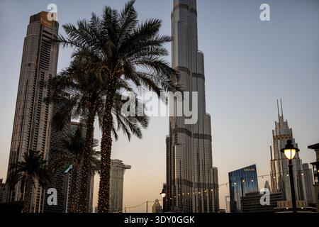 Ein flacher Blick auf die Skyline von Dubai in der Abenddämmerung mit dem berühmten Burj Khalifa und den umliegenden modernen Wolkenkratzern. Im Vordergrund, hohe Palme Stockfoto
