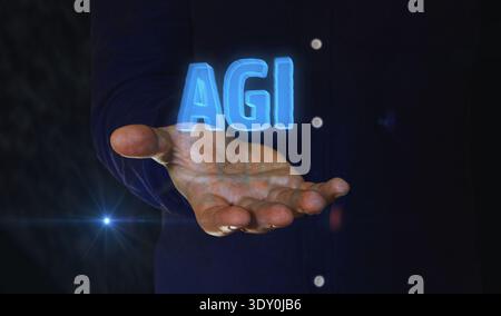Künstliche allgemeine Intelligenz 3D-Symbol über der Menschenhand. Cyber-Technologie-Symbol abstraktes Konzept 3D-Illustration. Stockfoto