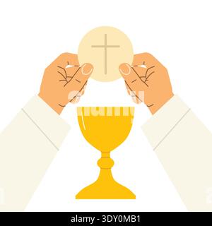 Priesterhände, die die heilige eucharistische Wirt und den Kelch halten, symbolisieren die Heilige Kommunion im christlichen Glauben - Vektor-Illustration Stock Vektor