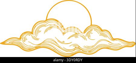 Goldene Linienzeichnung einer aufgehenden Sonne über Schichten in schlichtem minimalem Stil Stock Vektor