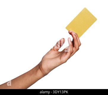 Weibliche Hand, die leere Kunststoffkarte isoliert auf weiß hält Stockfoto