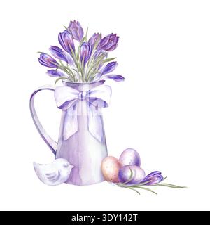 Eine Frühlingskomposition mit violetten Krokussen in einem Krug mit weißer Schleife, bemalten Eiern und einer weißen Vogelstatuette. Aquarellillustration des Osterheims Stockfoto