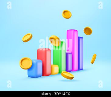 Buntes 3D-Balkendiagramm mit aufsteigenden goldenen Münzen Stock Vektor