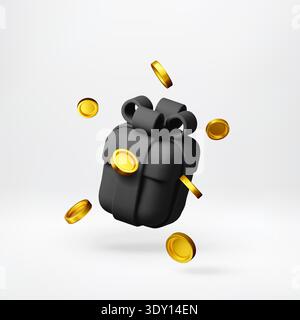 Schwarze 3D-Geschenkbox und fliegende Goldmünzen. Stock Vektor