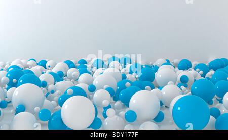 3D abstrakte Illustration, verschiedene weiß-blaue Pastellkugeln schwebend Stockfoto