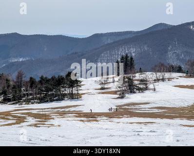 Die Skipistenlandschaft zeigt aufgrund der frühen Erwärmung Flickschnee und freiliegende Erde Stockfoto