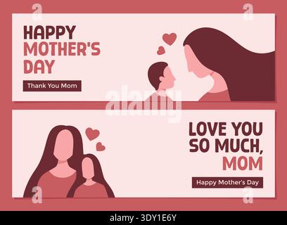 Einfaches und minimalistisches Banner zum Muttertag, das Mutter mit ihrem Sohn und ihrer Tochter zeigt. Flache Illustration „Happy Mother's Day“. Stock Vektor