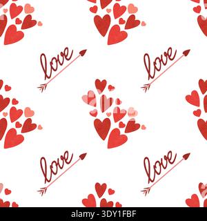 Nahtloses Muster. Rot, scharlachrote Herzen, ein Pfeil, die Inschrift LIEBE. Valentinstag-Print in warmen Farben in schlichtem, flachem Stil. Aquarell, Pastellfarben Stockfoto