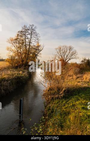 Herbstlandschaft. Ein kleiner Bach mitten in den Feldern. Provinz Swietokrzyskie, Polen Stockfoto