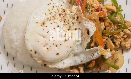 Köstlicher Thai Basilikum Chicken Gapao Reis mit gebratenem Ei Stockfoto