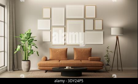 Modernes Wohnzimmerdesign in Cloud Dancer Off-White-Tönen mit orangefarbenem Sofa, Bilderrahmen und biophilen Pflanzen Stockfoto