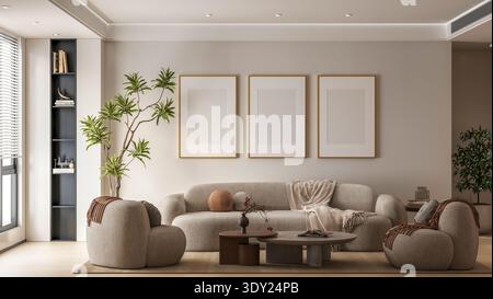 Luxuriöse geschwungene Möbel Innenausstattung Mockup in Wolken-Tänzerfarben mit modernem Sofa, Triple Poster Frame Display und biophile Zimmerpflanzen Dekoration Stockfoto