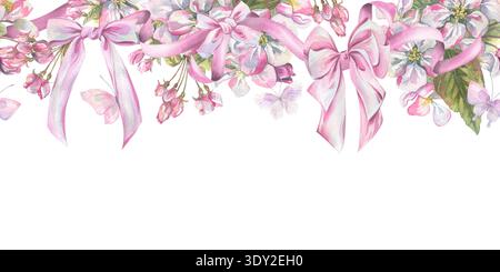 Apfelblüten mit rosa Bändern, Schmetterlingen und Bögen. Handgezeichnete Aquarellillustration. Nahtloses Randmuster für Dekoration und Design Stockfoto