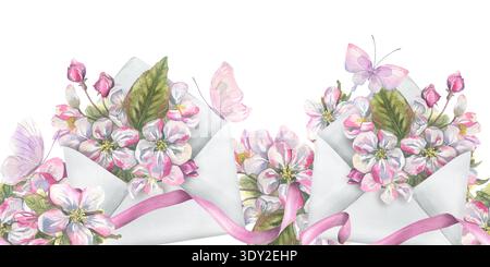 Aquarellillustration von weißen Umschlägen mit Frühlingsapfelblüten und rosa Schmetterlingen. Handgezeichneter nahtloser Blumenrand für den Sommer. Romantisch Stockfoto