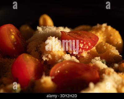 Goldenes Licht leuchtet auf frischer Pasta und lebhaften Kirschtomaten. Zerbröckelter Käse verleiht dem Gericht Textur und Fülle. Warme Töne erinnern an Komfort, Genuss Stockfoto
