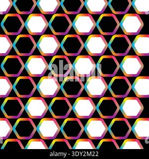 Abstraktes geometrisches Muster aus sechseckigem Wabenmuster mit bunten Verlaufslinien auf dunklem Hintergrund. Moderne Vektorstruktur für Technologiedesign, Tapeten, Stock Vektor