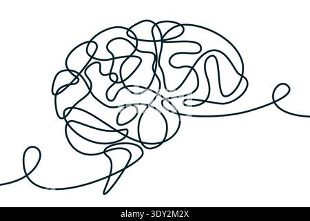 Monolin menschliches Gehirn. Vektordarstellung mit durchgehender Linie. Psychische Gesundheit, emotionale Intelligenz, Balance, Psychotherapiekonzept Stock Vektor