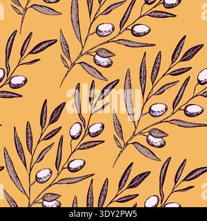 Nahtloses Muster mit Olivenzweig. Tinte Hand gezeichnete Oliven Hintergrund. Botanische Pflanzenvektor-Illustration für Druck, Stoff, Textil. Ein Zweig von an Stock Vektor