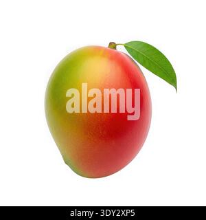 Eine einzelne reife Mango mit einer lebhaften Mischung aus Rot-, Gelb- und Grüntönen, mit einem kleinen grünen Blatt, das am Stiel befestigt ist und auf einem sauberen weißen Ba steht Stockfoto