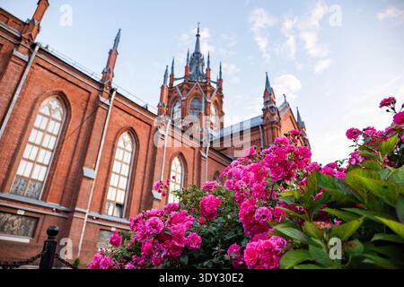 Historische gotische Kathedrale in Moskau, Russland, umgeben von leuchtenden rosa Rosen Stockfoto