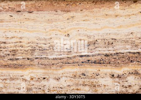 Detaillierte Nahaufnahme mit natürlicher brauner Marmorstruktur mit mehrschichtigen Mustern. Stockfoto