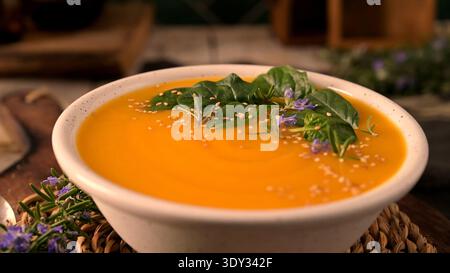 Eine lebendige Schüssel mit geschmeidigem Butternusskürbis oder Kürbissuppe, serviert in einer rustikalen Keramikschale. Die warme Deckenbeleuchtung unterstreicht die seidenweiche Textur und edi Stockfoto