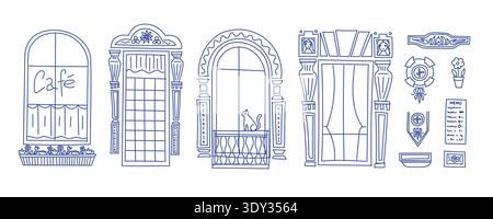 Elegante Line Art Sammlung von Vintage Café-Fenstern, Türen und dekorativen Fassadenelementen, architektonische Illustration perfekt für Reiseblogs Stock Vektor
