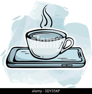 Echtes Leben über Digital und Kaffeepause ohne Telefonsymbol. Eine Tasse heißes Getränk steht auf einem Smartphone. Handgezeichneter Doodle-Stil mit Aquarellspritzern. Stock Vektor