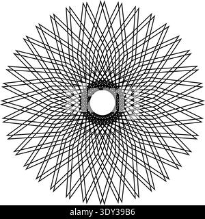 Dieses Bild zeigt ein komplexes geometrisches Muster mit einem zentralen Kreis. Von diesem Kreis aus strahlen zahlreiche geradlinige Linien nach außen aus, wodurch eine Symmetri entsteht Stock Vektor