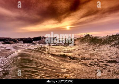 Eine lebendige und dramatische Meereslandschaft, die bei Sonnenuntergang oder Sonnenaufgang aufgenommen wird, mit goldenem Licht, das auf mächtigen Meereswellen reflektiert, die gegen die dunkle Küste krachen Stockfoto