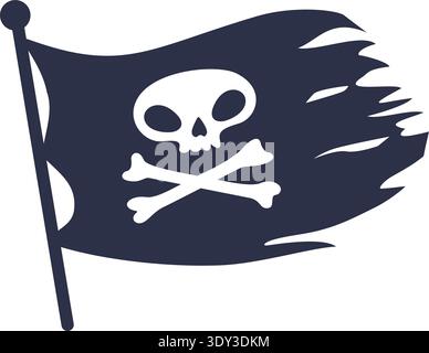 Alte Piratenfahne mit Schädel und gekreuztem Zeichentricksymbol isoliert auf weißem Hintergrund Stock Vektor