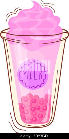 Milchtee mit rosa Creme in Plastikbecher zum Mitnehmen isoliert auf weißem Hintergrund Stock Vektor
