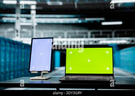 Nahaufnahme eines Laptops und Tablets mit isoliertem Bildschirm in High-Tech-Rechenzentren, die zur Fehlerbehebung bei der Infrastruktur verwendet werden. Modellerstellung von Geräten im Serverraum mit Softwareentwicklungstools zur Behebung von Systemabstürzen Stockfoto