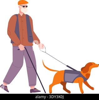 Ein blinder alter Mann, der mit dem Blindenhund läuft. Stütztier isoliert auf weißem Hintergrund Stock Vektor