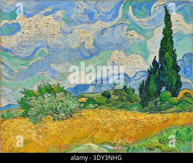 Vincent van Gogh „Weizenfeld mit Zypressen“ (1889) Niederlande Post-Impressionismus Öl, wirbelnder Himmel Stockfoto