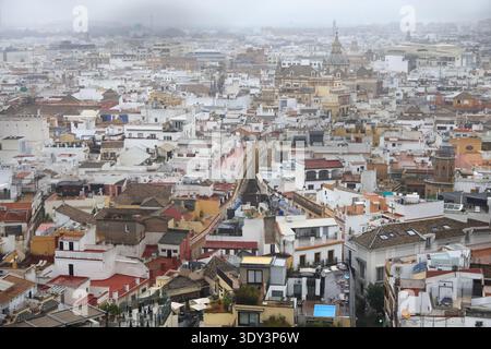 Blick von der Dachterrasse auf das historische Zentrum von Sevilla an einem regnerischen Tag. Sevilla, Spanien Stockfoto