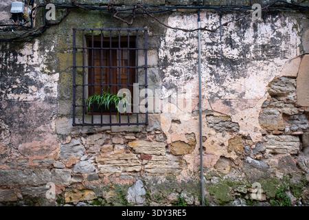 Alte rustikale Steinmauer mit einem kleinen Holzfenster hinter einem schwarzen Eisengitter und einer grünen Pflanze in einem Topf auf einer verwitterten Fassade eines mittelalterlichen Gebäudes in Stockfoto
