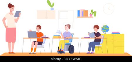 Verschiedene Schüler im Klassenzimmer. Kinder Schule Farbszene isoliert auf weißem Hintergrund Stock Vektor