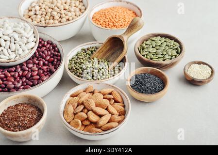 Vegane Proteinquelle. Leguminosen – Linsen, Kichererbsen, Bohnen, grüne Mungbohnen, Samen, und Nüsse auf hellem Hintergrund. Stockfoto