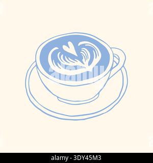 Handgezeichnete Kaffeetasse mit Latte Art auf Teller im minimalistischen blauen Stil. Elegante Café-Vektor-Illustration perfekt für Restaurantmenü, Kaffee Stock Vektor
