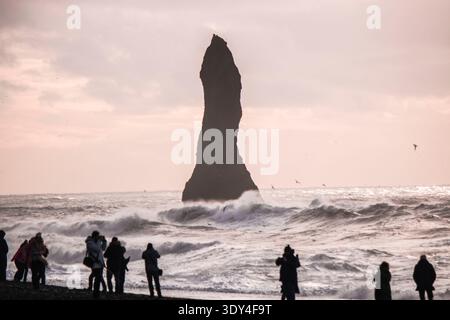 Ein einsamer Meeresstapel von Reynisdrangar ragt über Touristen auf dem schwarzen Sand von Reynisfjara und veranschaulicht das immense Ausmaß der isländischen Küstengeologie Stockfoto