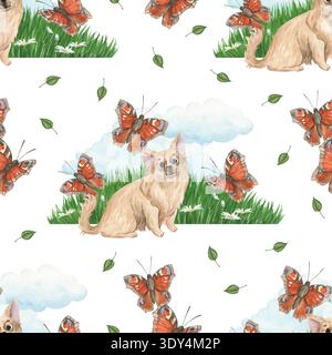 Ein nahtloses Muster mit einer Aquarellillustration eines süßen Chihuahua Stockfoto