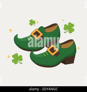 Grüne Leprechaun-Schuhe mit goldenen Schnallen und Lucky Shamrocks für den Heiligen Patricks Day Stock Vektor