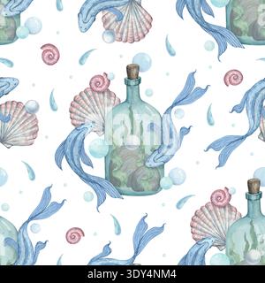 Ein nahtloses Aquarellmuster mit Illustrationen von wunderschönen blauen Fischen Stockfoto